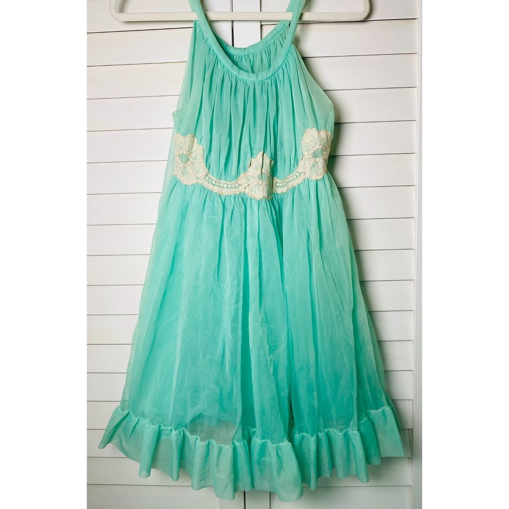 Vintage Aqua Sheer Chiffon Babydoll Dress Nightgown Floral Boho Pin Up | Small